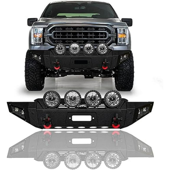 TIOYAR Steel Front Bumper for 2021-2022-2023-2024-2025 Ford F150 (Not Fit F150 Lighting) With Winch Plate&Square Lights (Black Texture)