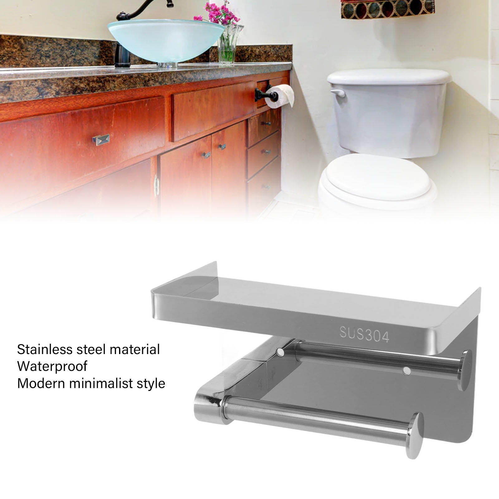 BIMZUC Stainless Steel Wall‑Mounted Toilet Paper Holder with Shelf – Minimalist Design, Waterproof, No‑Drill Installation, Dual‑Purpose Organizer