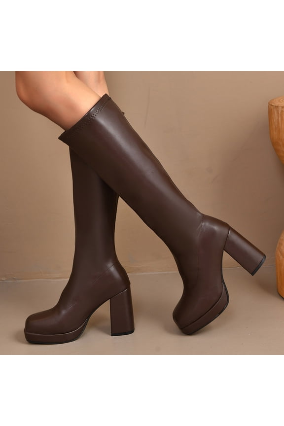 Womens Knee High Boots Platform Chunky High Heel Square Toe Boots Shoes Brown 6(37)