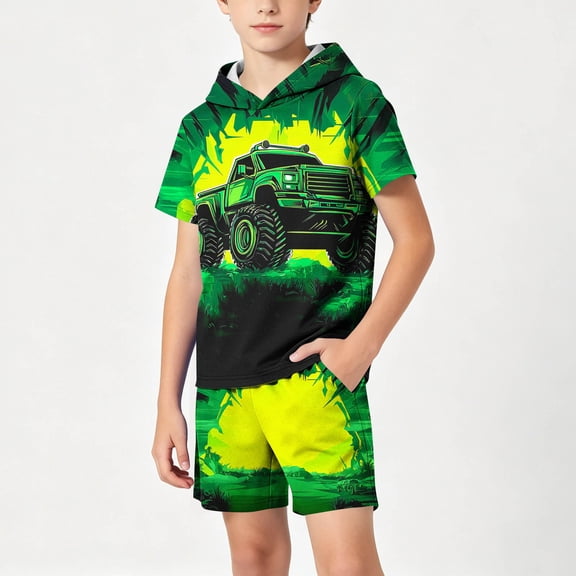 Sentuca Boys Outfit Sets Short Sleeve Graphic Tees Hooded and Shorts Summer Outfits Kids Clothes Size 9-10 Years