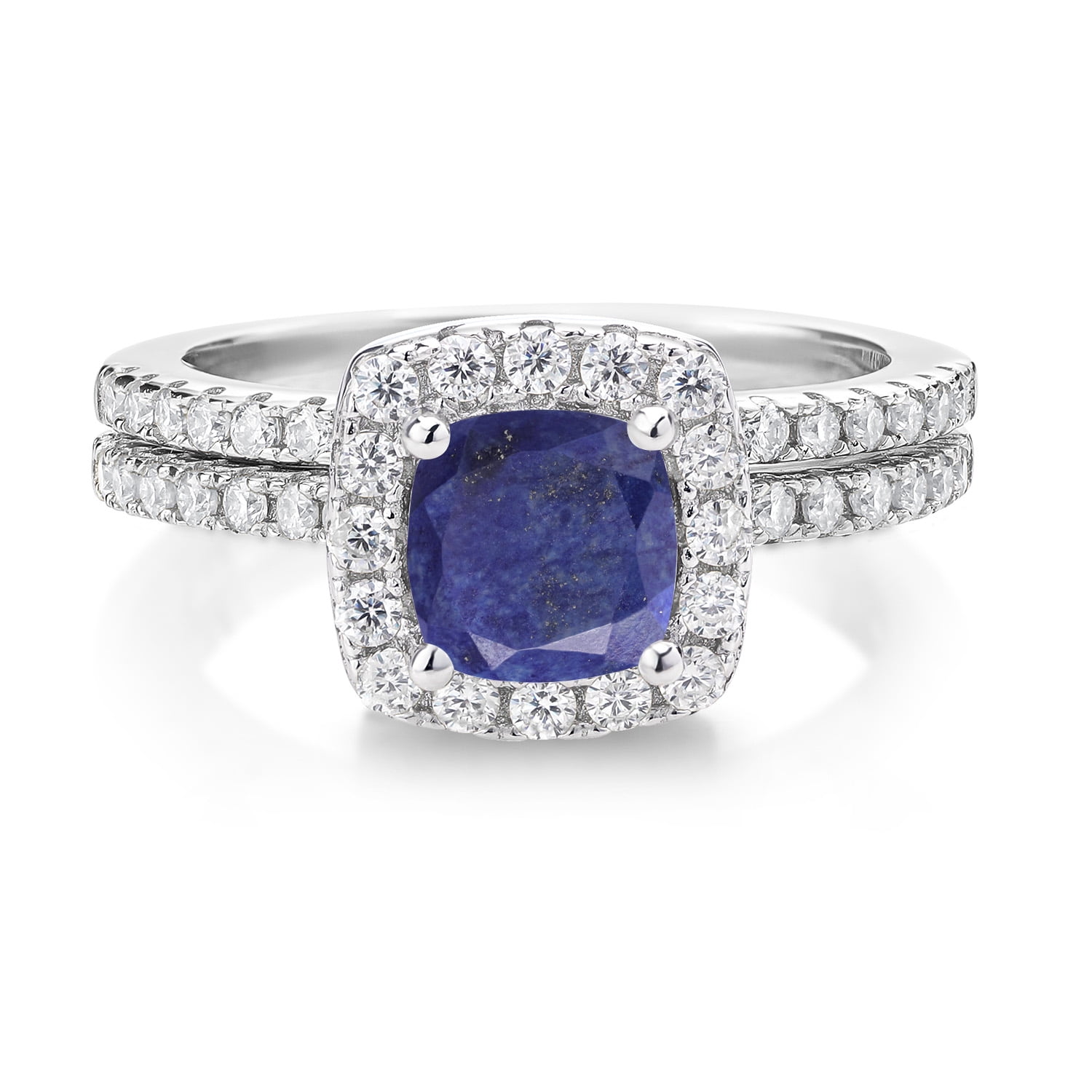 Gem Stone King 925 Sterling Silver Ring 1.52 Cttw 6mm Cushion Lapis and Moissanite