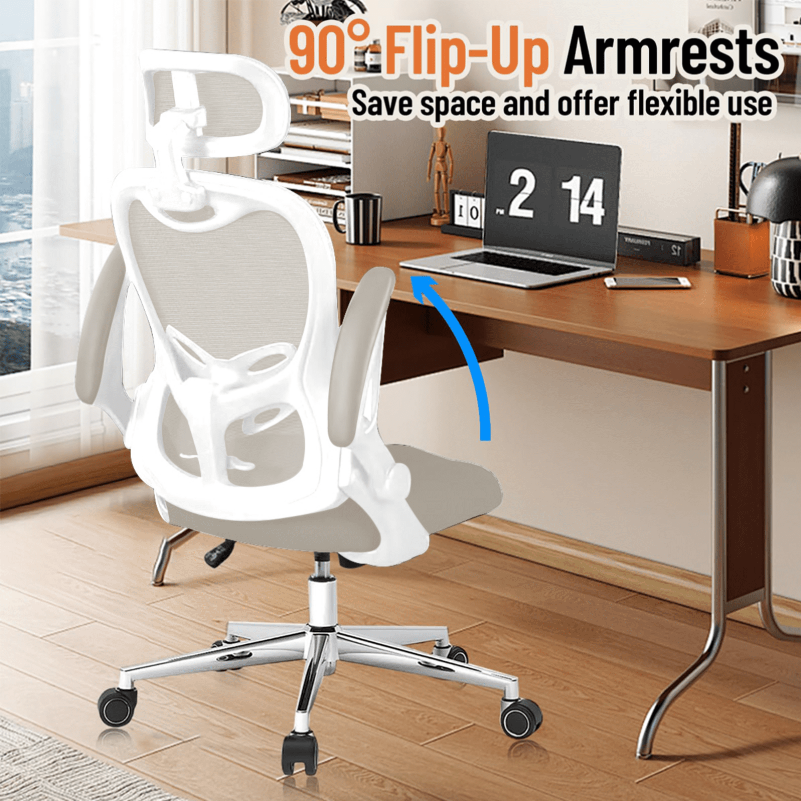 Office Chair, Ergonomic Breathable Mesh,Flip-Up Arms and Adjustable High Back Lumbar Support,Comfy Computer Chair for Home Office