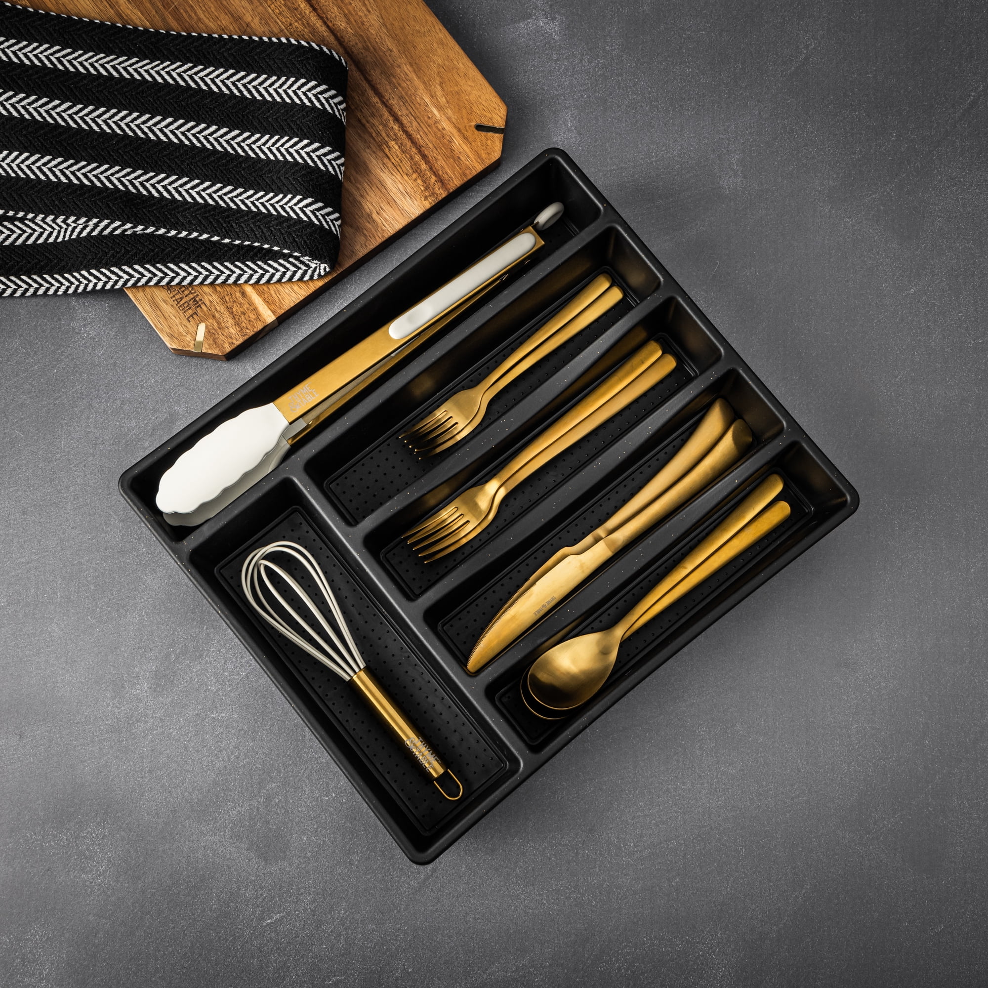 (2 pack) Thyme & Table Plastic 6 Compartment Utensil Organizer, Black and Gold