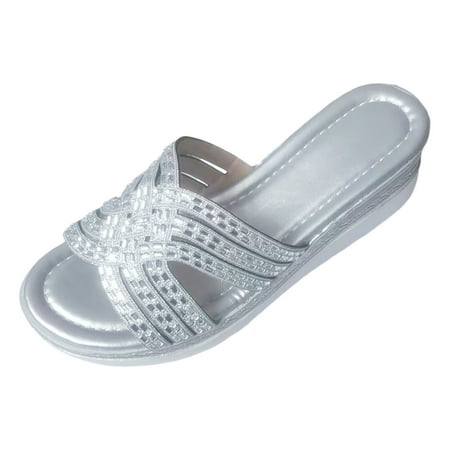 

Orthopedic For Women Beach Slippers Ladies Rhinestone Shiny Beach Outside Wear Slope Heel Big Size Slippers