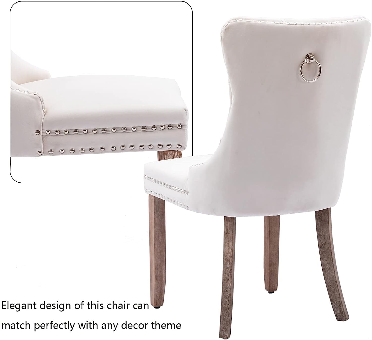 Miniyam Velvet Dining Chairs Set of 2, Tufted High Back Kitchen Chairs with Nailhead Trim, Beige