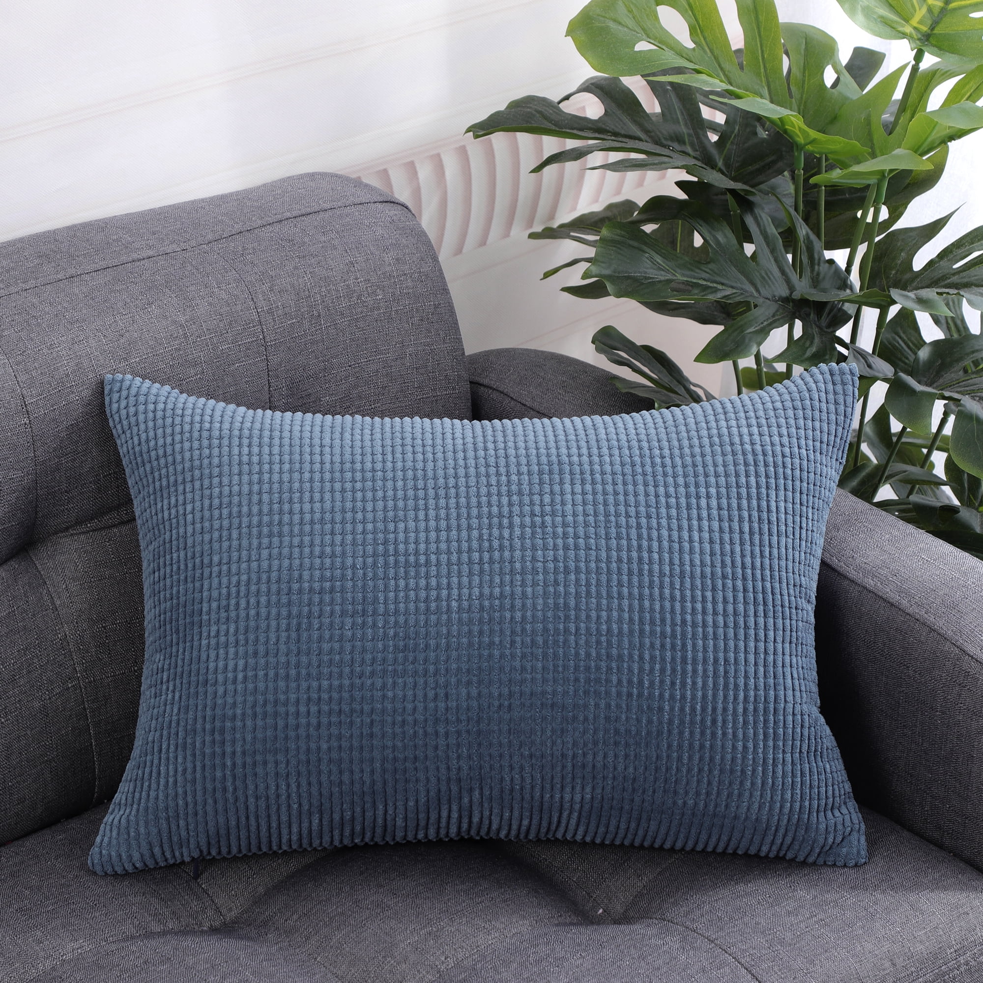 PiccoCasa Velvet Corn Striped Rectangle Throw Pillow Cover, Navy Blue, 12"x18"