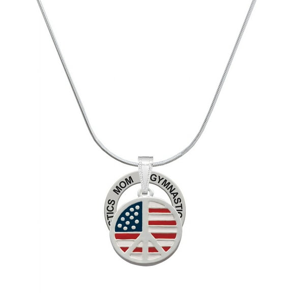 Delight Jewelry Silvertone Large Peace Sign with USA Flag Gymnastics Mom Ring Charm Necklace, 18"