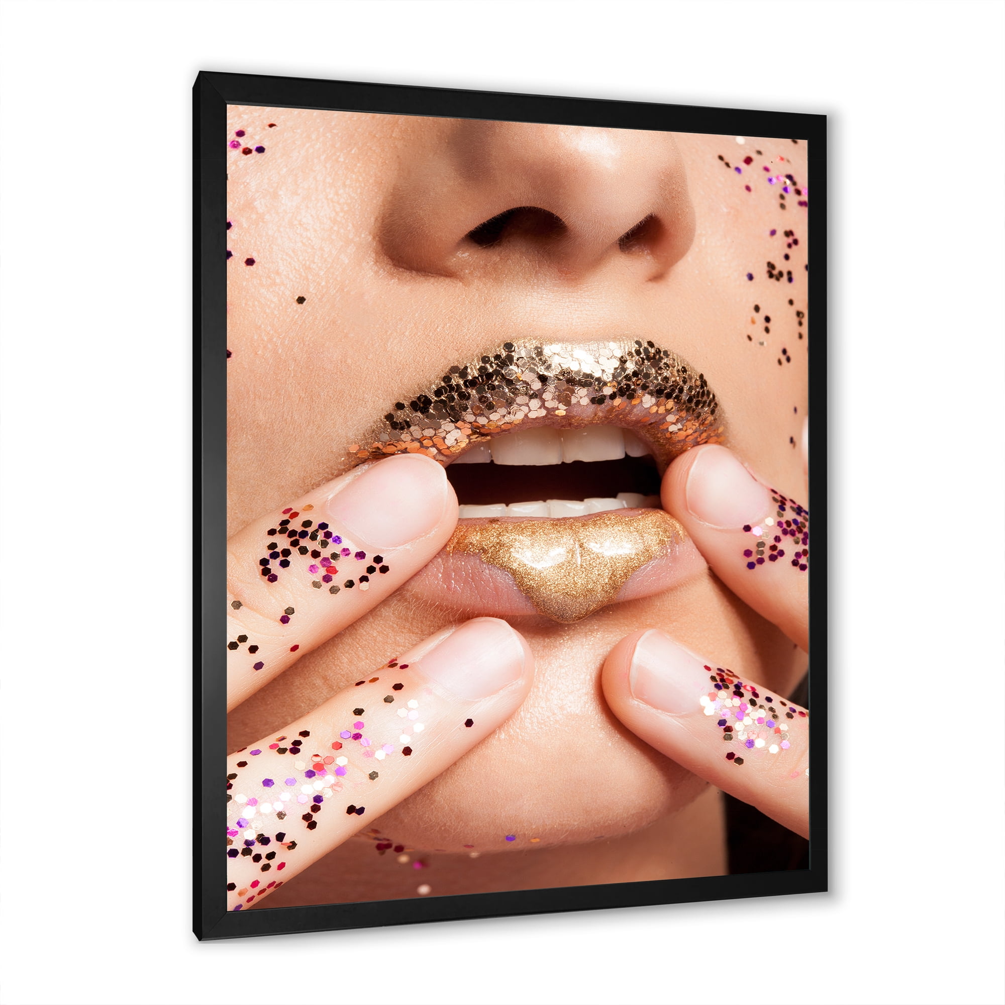 Designart 'Female With Golden Lips and Glitter On Her Hands' Modern Framed Art Print