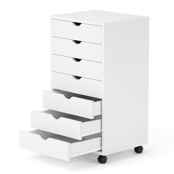 7 Drawer Mobile File Cabinet Under Desk Storage Organization with Wheels Vertical Filing Chest Rolling Wood Small Desk Printer Stand for Home Office, White
