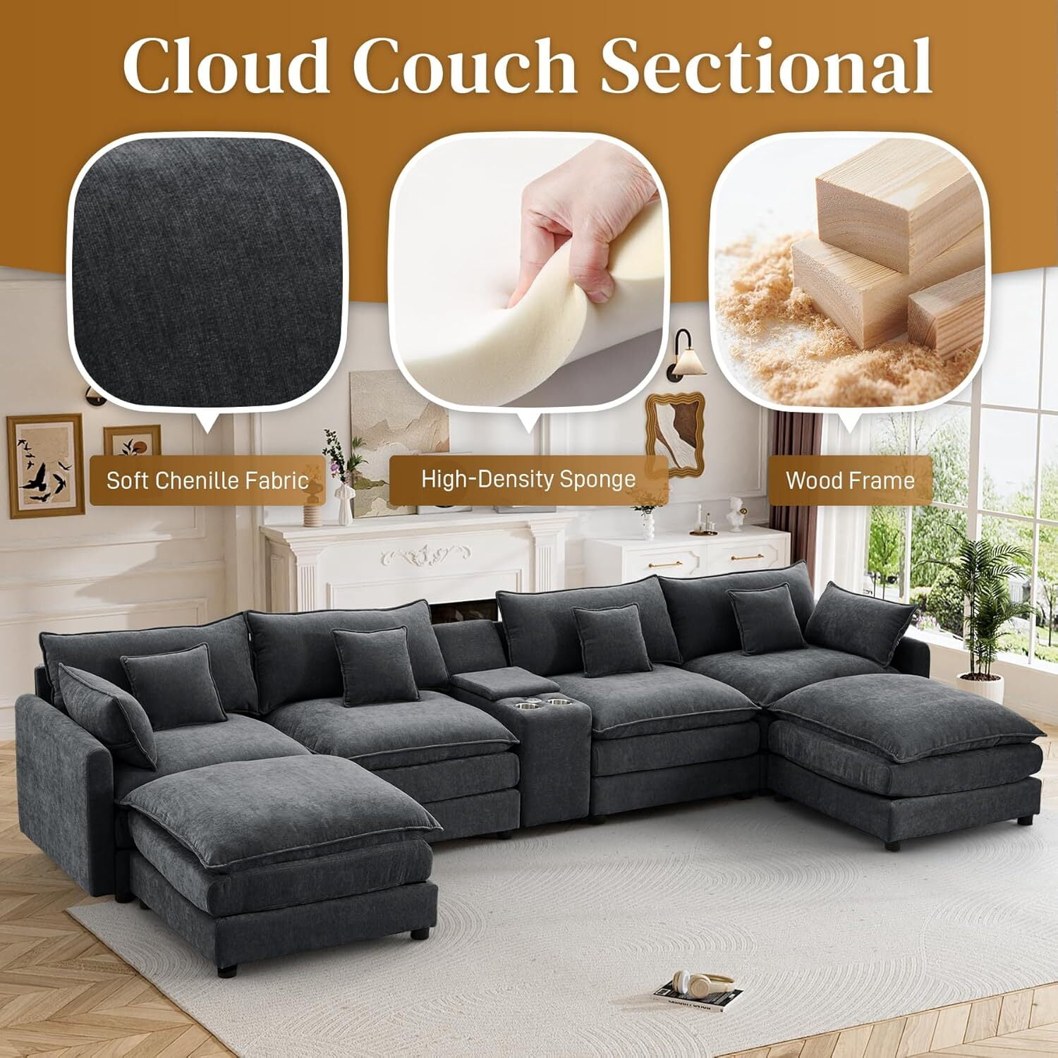 avobird Oversided 145" U Shaped Cloud Couch Sectional, DeepSeat Sofa Bed with USB Charging, Hidden Storage, Cup Holders & Chenille Double Chaise, Gray