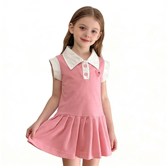 MOJOGO Girls Casual Dress Heart Embroidered Pleated Dresses with Flutter Sleeve School Summer Outfits for Age 3-10 Years Old Pink