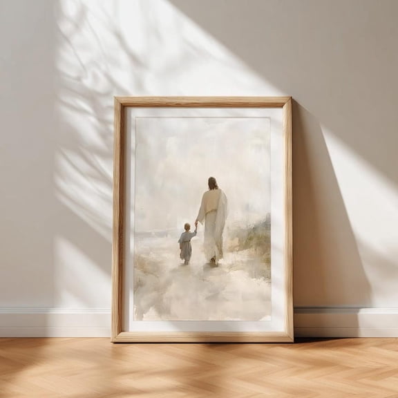 Jesus And A Little Boy Walking Poster, Child Of God, Modern Christian Religious Wall Art, Jesus Love Home Decor