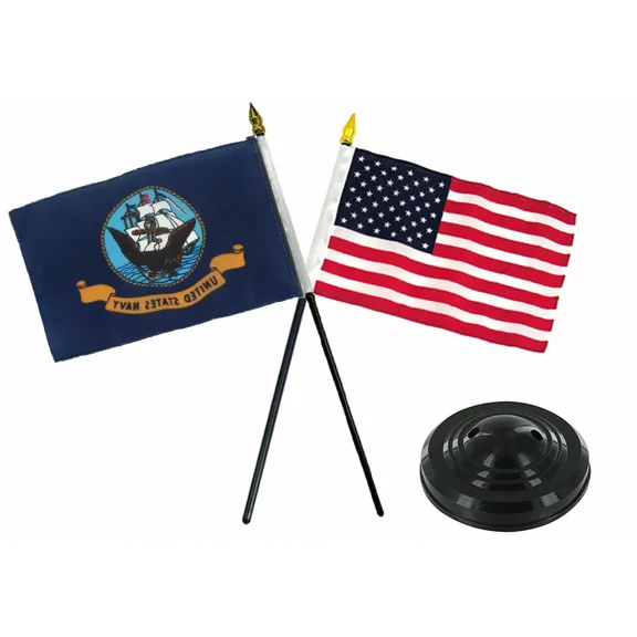Navy Ship & USA American Gold Staff Flags 4"x6" Desk Set Black Base