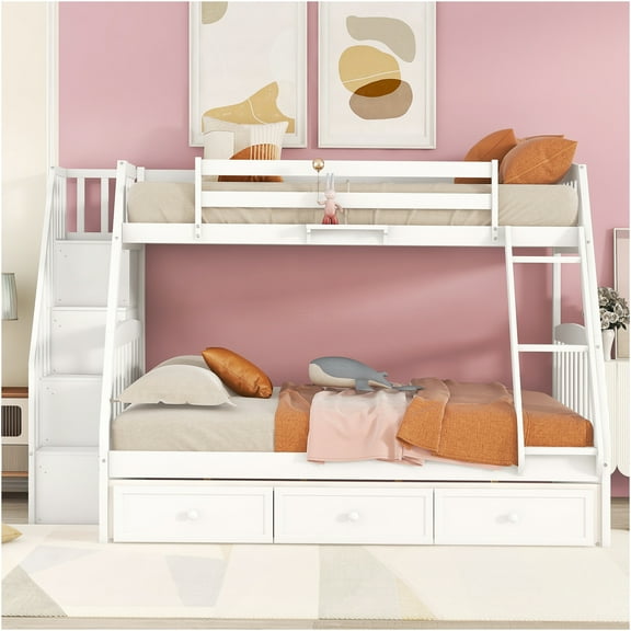 JERFIT Bunk Bed with Drawers Ladder and Storage Staircase White