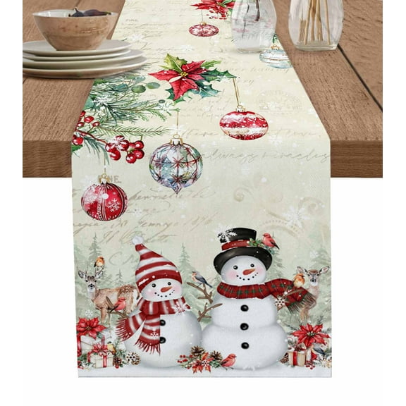 Christmas Snowman Burlap-Cotton Table Runner 36 Inches Long,Xmas Balls Elk Botanical Retro Farmhouse Table Runners,Outdoor Dining Tablecloths Decor for Baby Shower Party Wedding 13x36