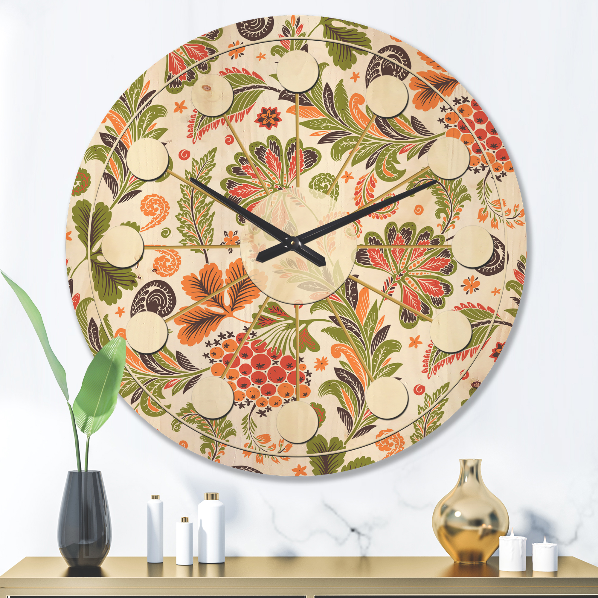Designart 'Retro Fantasy Flowers On White I' Mid-Century Modern Wood Wall Clock