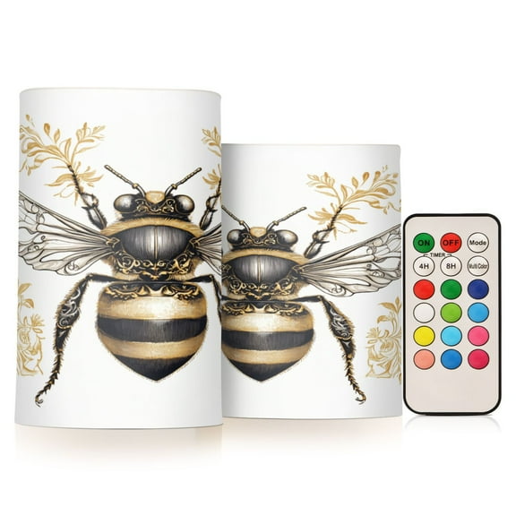 2 PCS Flameless Candles with Remote Timer LED Battery Operated Flickering Candle Light for Wedding Table Home Decoration Gifts Bee with Ornate Patterns