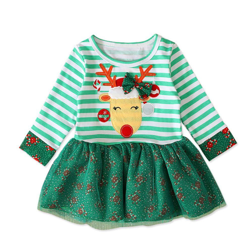 Cute Baby Girl Toddler Xmas Deer Cartoon Print Long Sleeve Tops+Skirt Outfit Set 