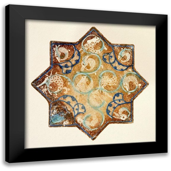 Unknown 13th Century Persian Artisan 12x12 Black Modern Framed Museum Art Print Titled - Star Tile with Animal Motifs