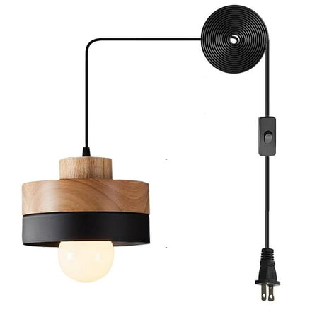 JLOWCO Led Hanging Lights with Plug in Cord,modern Pendant Lights Kitchen Island Lighting Black Hanging Light Fixture Wood (LED Bulb Include)