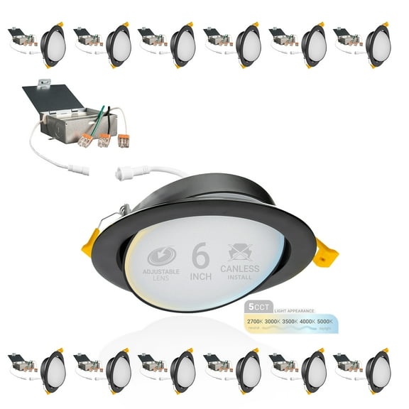 NuWatt 6'' Black Trim Ultra Slim Adjustable Gimbal LED Canless Recessed Light, 5CCT Selectable, 12PK