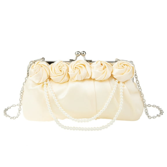 YIFEI Silk White Rose Clutch with Pearl Chain Evening Bag for Wedding Party