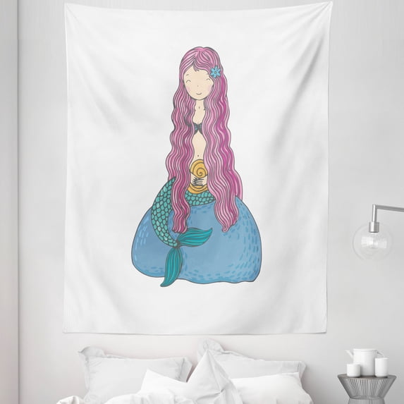 Mermaid Tapestry, Mythological Girl with a Shell and Long Pink Hair Sea Character, Fabric Wall Hanging Decor for Bedroom Living Room Dorm, 5 Sizes, Multicolor, by Ambesonne