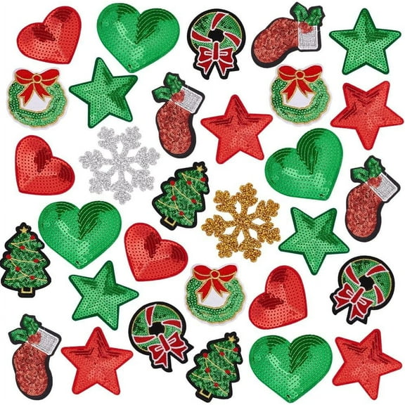 30Pcs Iron on Patches Star Heart Bling Sequins Rhinestone Red Green Sew on Patch Christmas Patches Decorative Embroidered