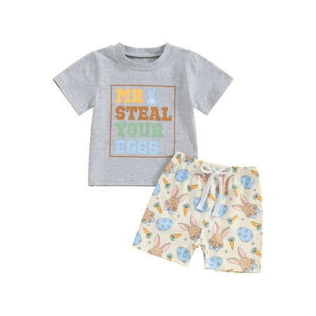

Bslissey Toddler Boys Easter Shorts Sets 6M 12M 18M 24M 3T 4T Short Sleeve Letter Print T-shirt + Bunny Egg Print Shorts 2Pcs Outfits Infant Baby Casual Summer Clothes