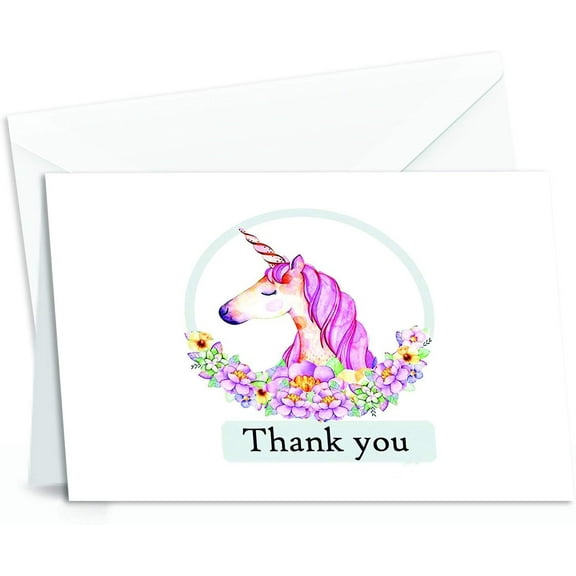 Unicorn Thank You Cards - 4x7 Inches of 50 Blank Card Notes with Envelopes - Perfect Gift and Greeting Cards for Kids and Birthday Party, Baby Shower, Graduation, Wedding - Pinkish Unicorn Horn Design