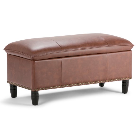 Simpli Home Emily 39 inch Wide Transitional Rectangle Storage Ottoman in Cognac Faux Leather