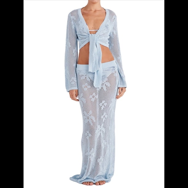 Conjunto de Dos Piezas de Crochet para Mujer: Top Corto de Larga con Nudo y Falda con Cordón. Azul M