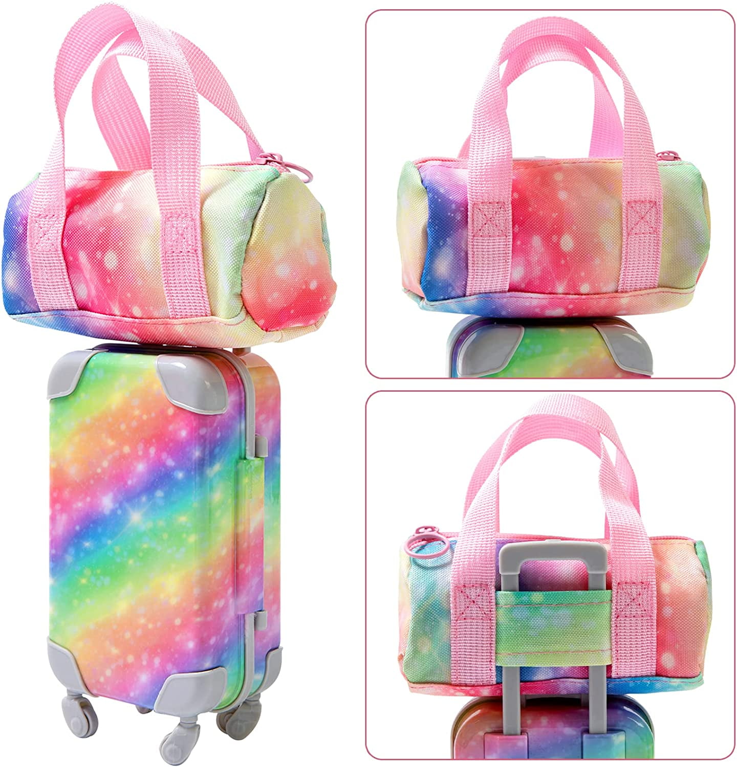 KT Fancy 23 PCS American 18 Inch Doll Accessories Suitcase Luggage Travel  Set - Rainbow Suitcase Rainbow Bag Camera Computer Cell Phone Neck Pillow