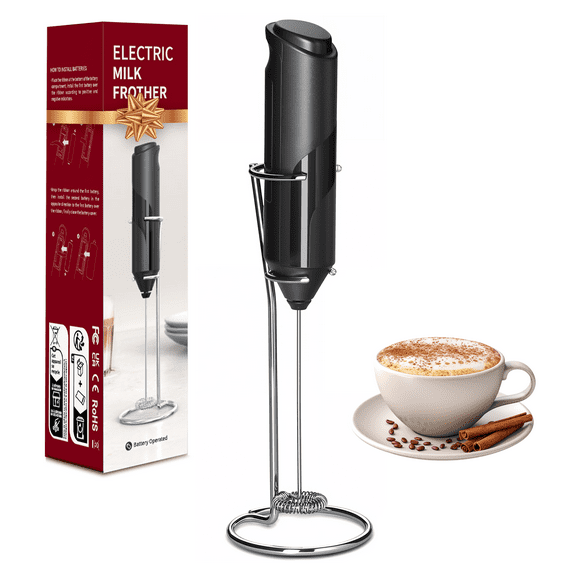 YSSOA Electric Milk Frother Handheld with Stainless Steel Stand Battery Operated Whisk Drink Mixer for Coffee, Frappe, Latte, Matcha, Hot Chocolate, Black, 1 Pack