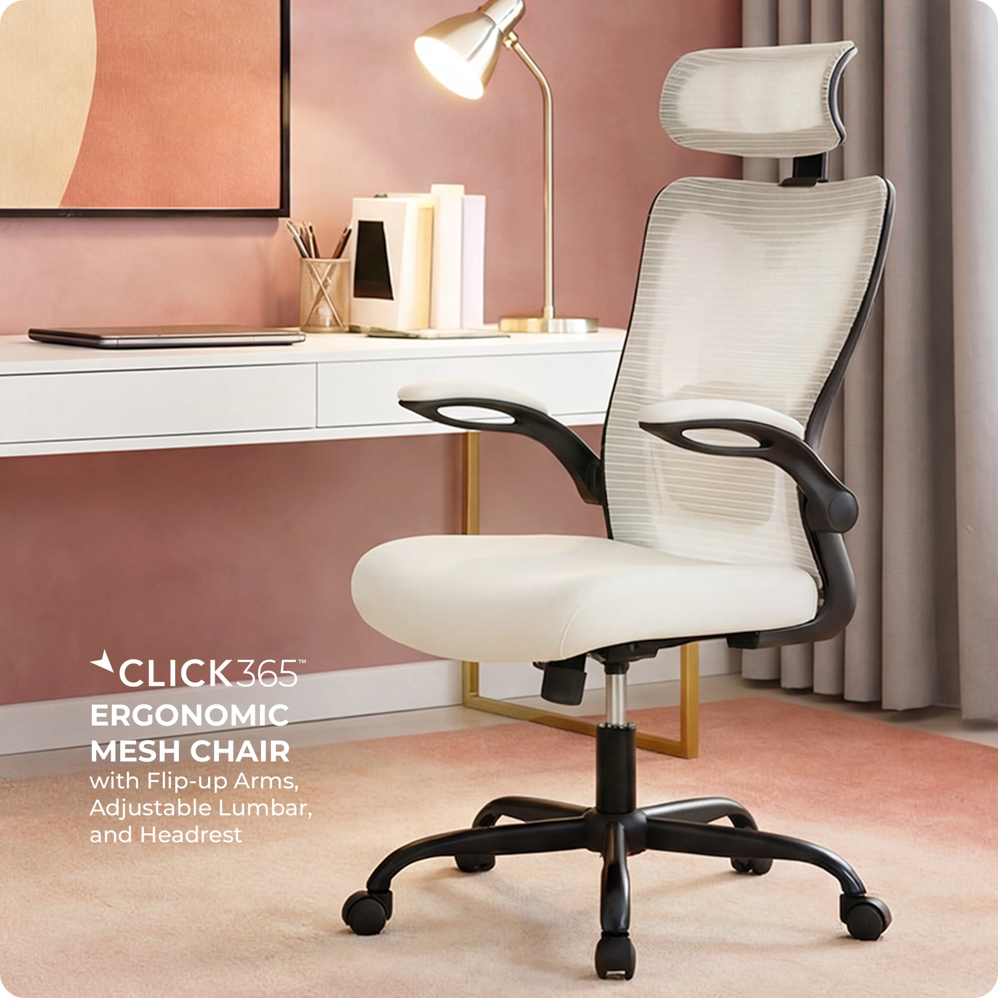 Click365 Adult Mesh High Back Indoor Commercial Ergonomic and Adjustable Headrest Office Chair Hardware Kit, Beige