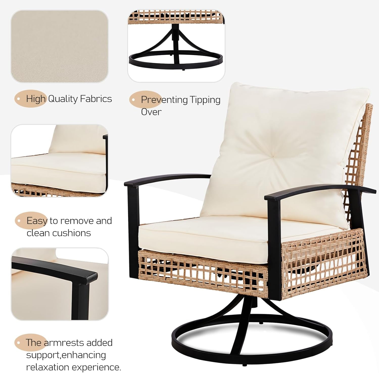 VINGLI 3 Pieces Outdoor Swivel Rocker Patio Chairs, Wicker Patio Bistro Set with 2 Rocking Chairs and 1 Coffee Table, Patio Furniture Set with Thickened Cushions for Porch Backyard Poolside