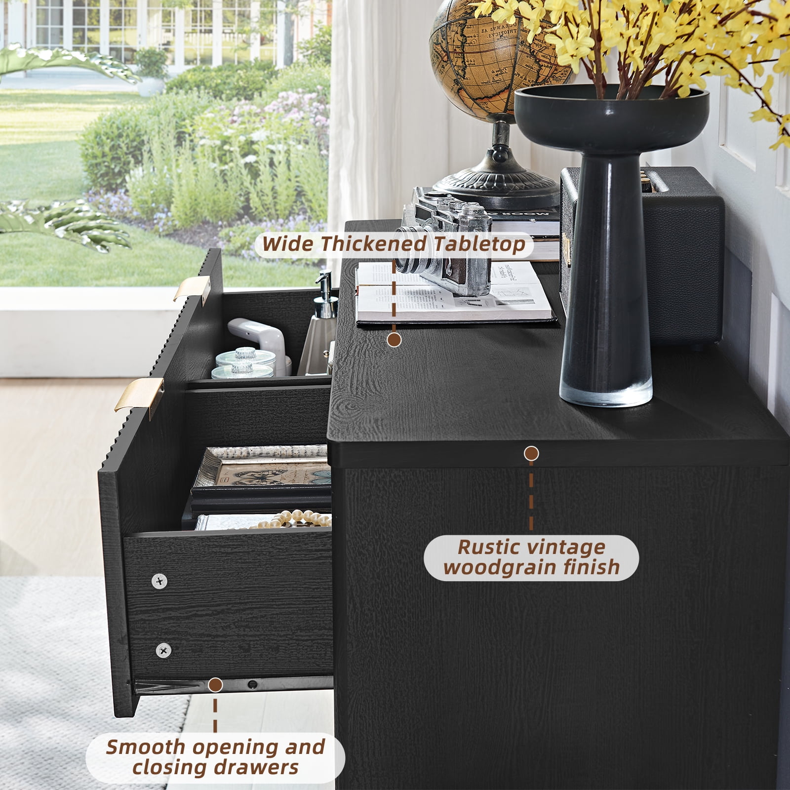 LELELINKY Fluted Dresser for Bedroom, Modern Wooden 6 Drawer Dresser, Storage Cabinet Chest of Drawers for Living Room Hallway, Black