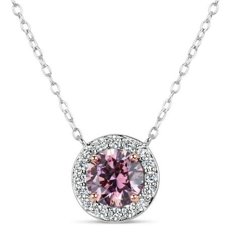 White Round Pink And White Swarovski Cubic Zirconia Sterling Silver 2Tone Filigree Sides Halo Necklace 18 Inches