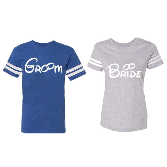 Groom & Bride Matching Couple Cotton Jerseys (Men Royal / Women Heather) (Men M / Women XL)