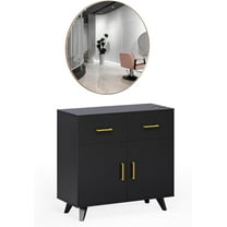 OmySalon Salon Stations for Hair Stylist, Styling Station Wall Mount Barber Station with Round Mirror & Hair Dryer Holders, Salon Storage Cabinet for Beauty Spa Dresser, Black