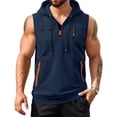 thumbnail image 2 of Dresfit Hoodie Mens Sleeveless Zip Up Tank Tops Quarter Zip Drawstring Running Tanks Summer 2026 Cut Off Oversized Solid Color Workout Shirts Navy L, 2 of 5