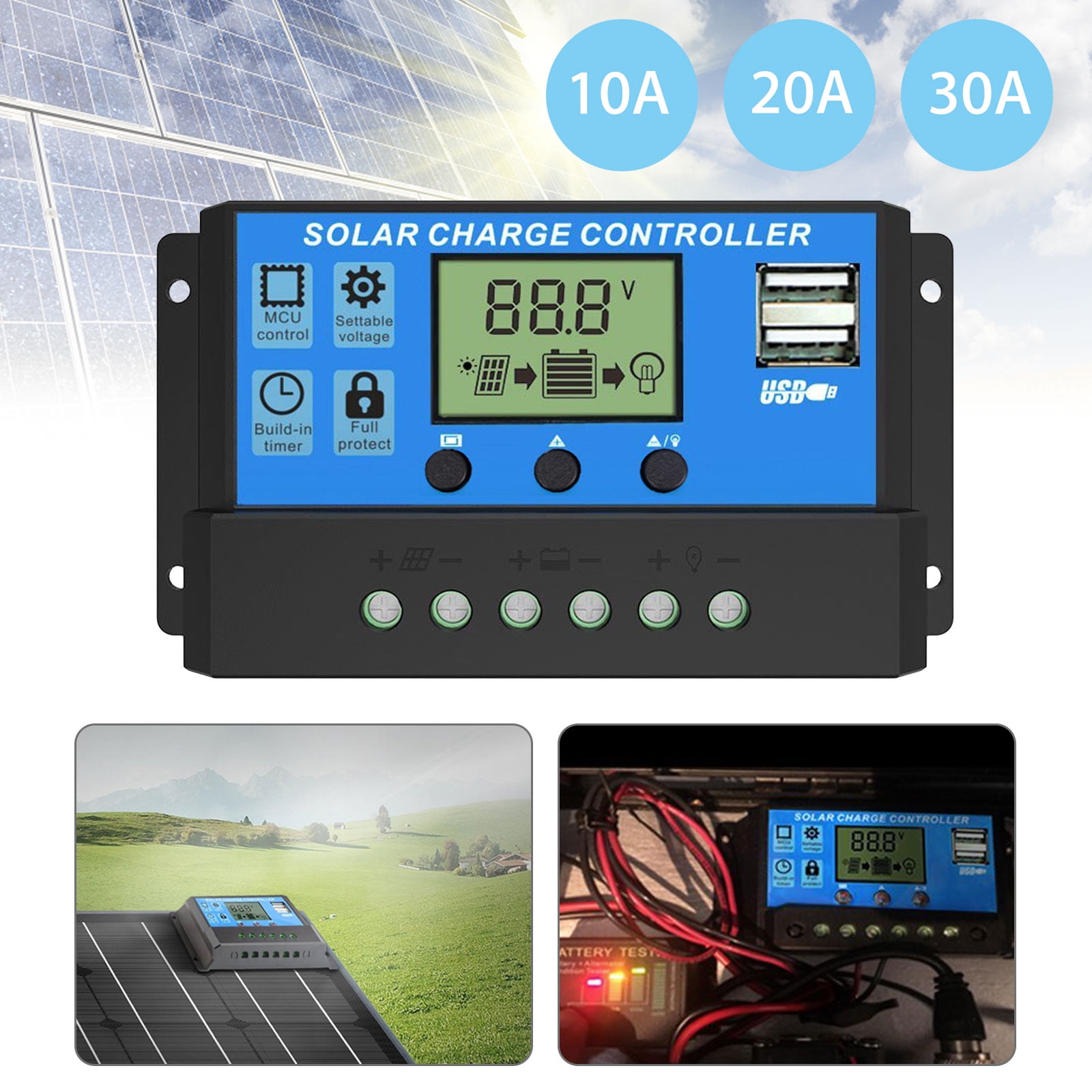 Monsing 20A Solar Charge Controller Solar Panel Battery Controller 12V/24V PWM Auto Paremeter Adjustable LCD Display Solar Panel Battery Regulator with Dual USB Load ON/Off Hours Timer Setting 