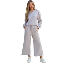 Women's Light Grey Solid Textured Collared V-Neck Top and Wide Leg Pants Set
