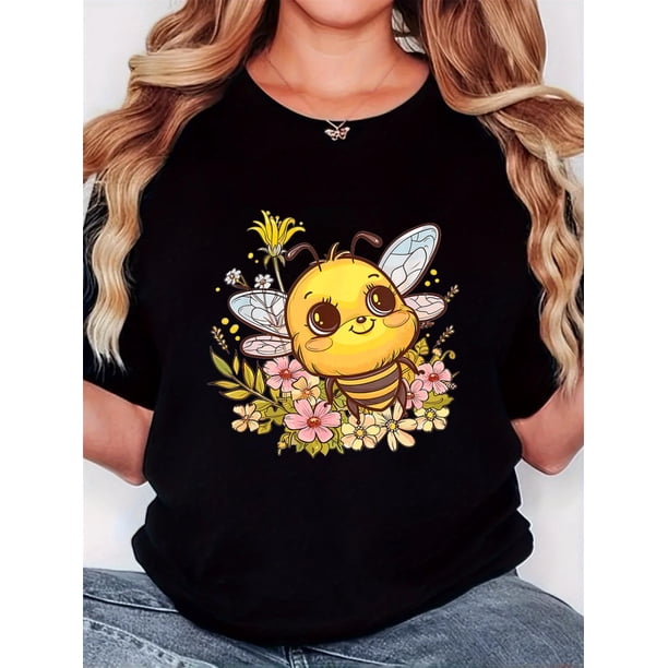 Camiseta De Mujer Verano Activewear Camiseta Básica Para Senderismo Deportes VacacionesWomen'S T-Shirt, "Flower Yellow Bee Baby" Print, Retro Minimalist Fashion, Round Neck, Casual Comfort, Sports S