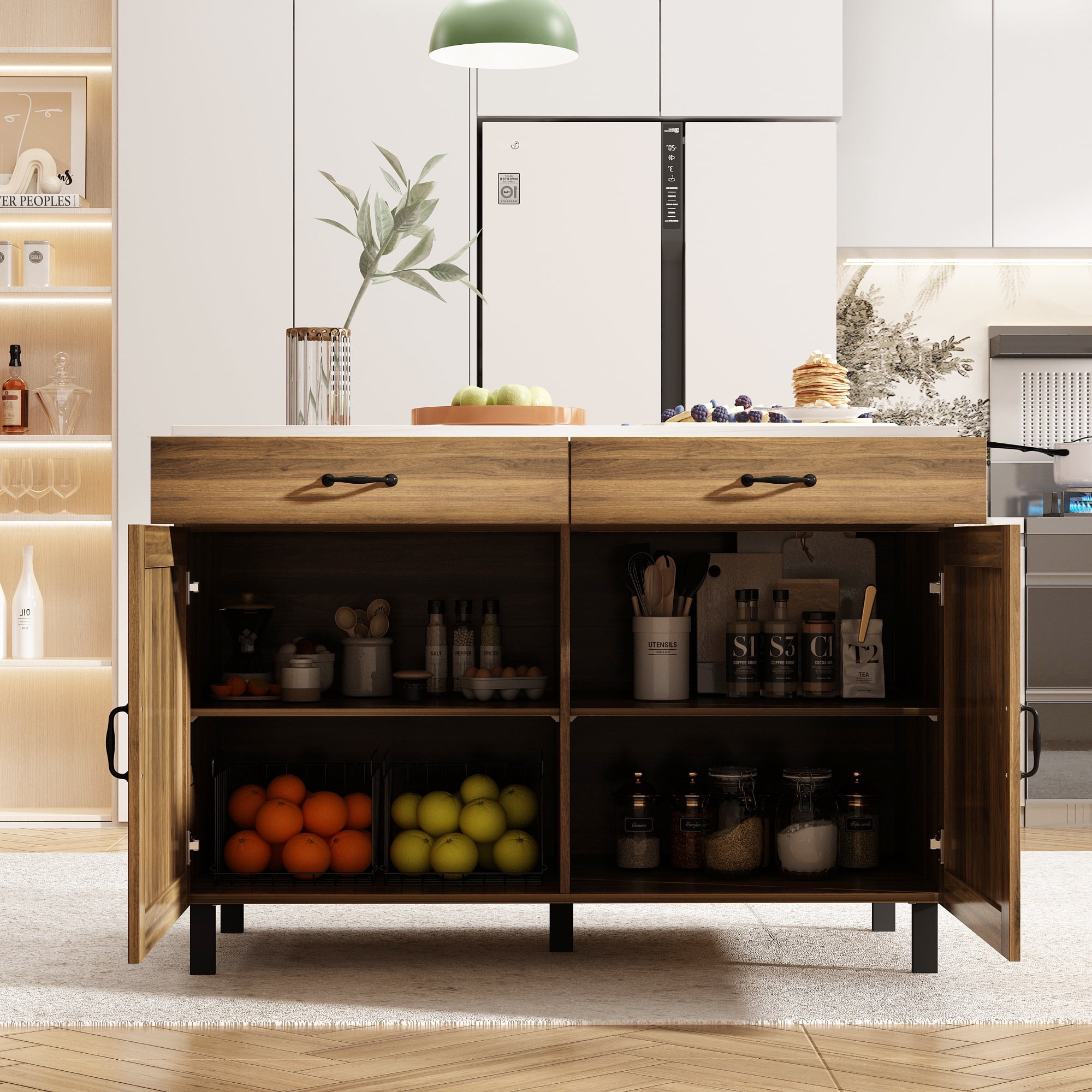 KULAGAGA Kitchen Island with Drawers, Buffet Storage Cabinet with White Marbling Top, Rustic Brown