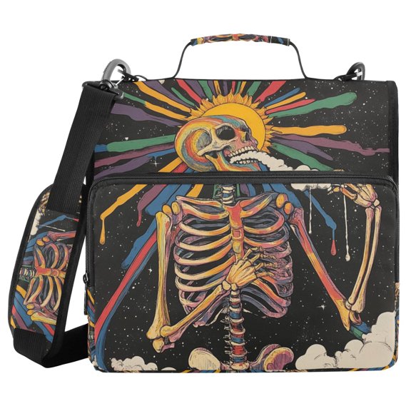 FORMRS Zipper Binder with Shoulder Strap 2-inch Ring 500 Sheet Capacity File Bag, Colorful Skeleton Sun