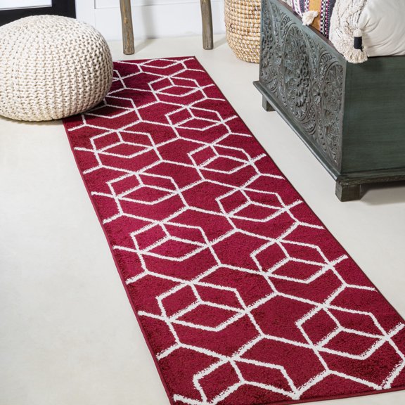 JONATHAN Y SUPERSOFT 2 x 8 Runner Rug, Tumbling Blocks Modern Geometric - Red/White, SEU101I-28