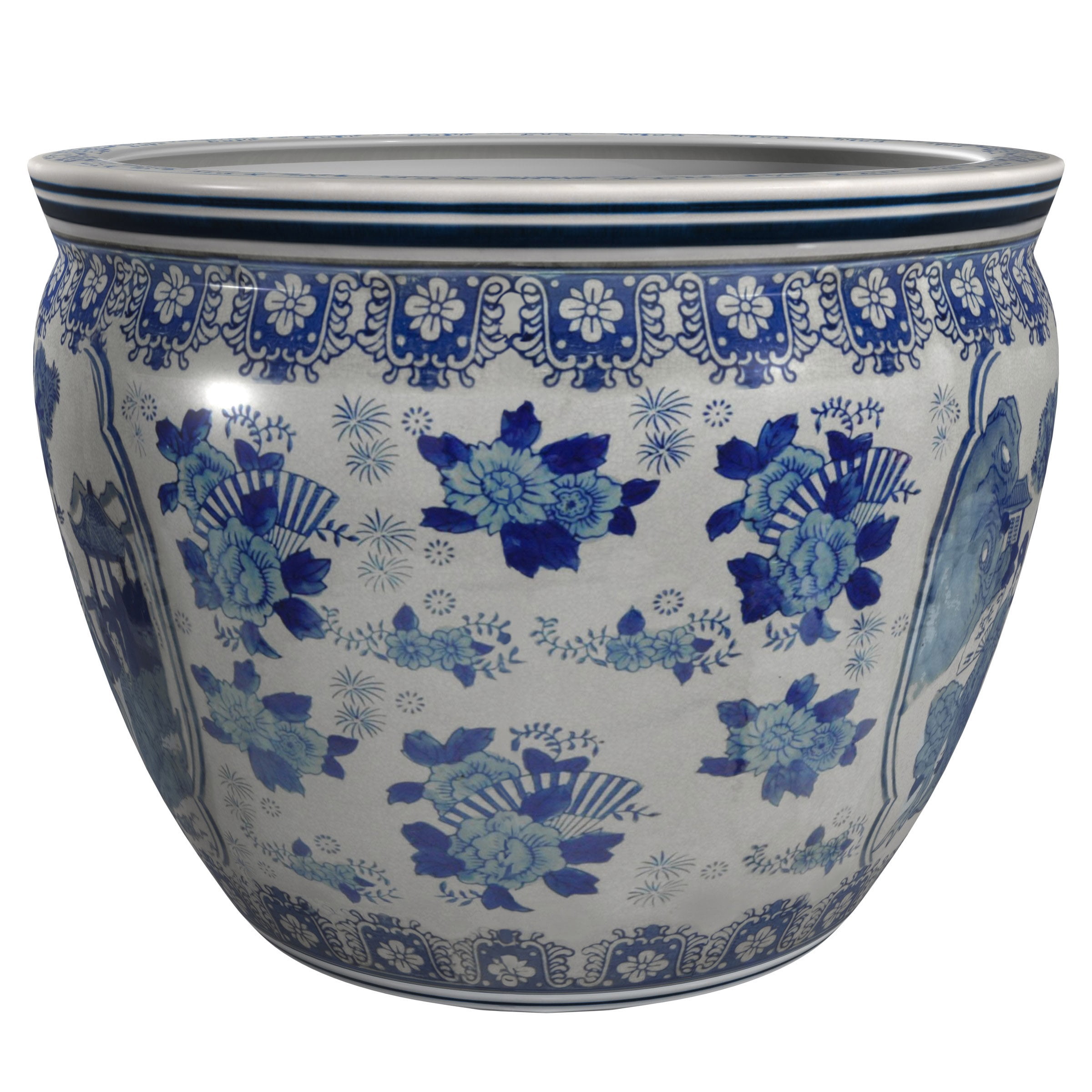 Red Lantern 8" Blue and White Ladies Porcelain Fishbowl Planter