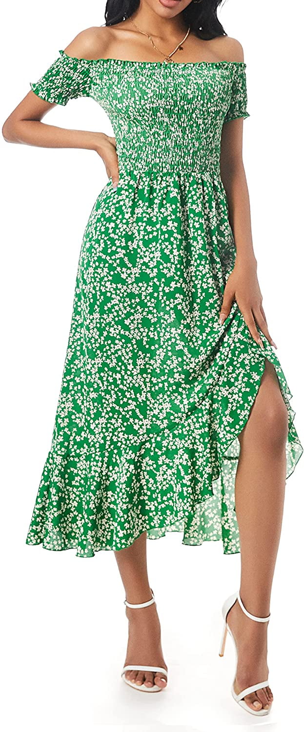 Yoesee Women Floral Print Off Shoulder Boho Dress Short Sleeve Side Split Flowy Maxi Dress Green 