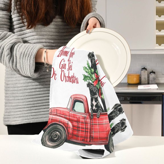 BZSMCE Kitchen Towels Creative Red Truck Take Dogs and Gift Pattern Durable Kitchen Towel